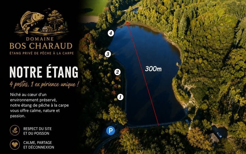 Vue aérienne de l’étang du Domaine Bos Charaud et de ses 4 postes de pêche